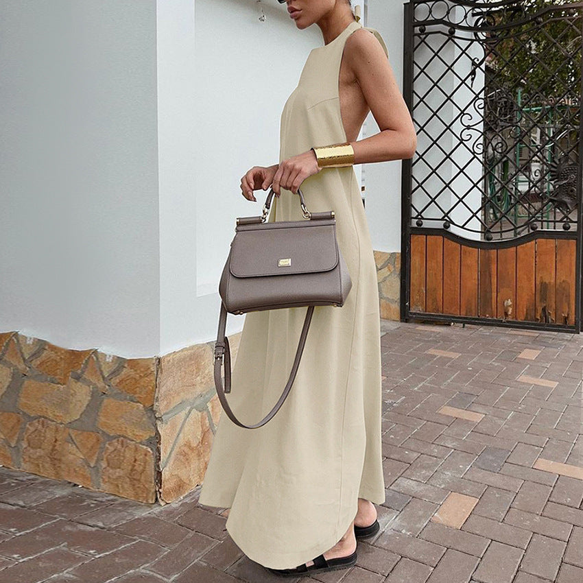 CM | Maxi Vestido Halter Mujer - mezcla de algodón y lino - corte holgado - diseño fluido y minimalista
