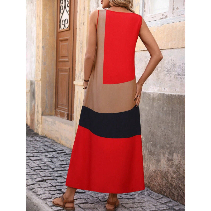 CM | Maxivestido de mujer - Cuello de pico - Cintura entallada - Abertura lateral - Mangas con volantes - Estampado geométrico