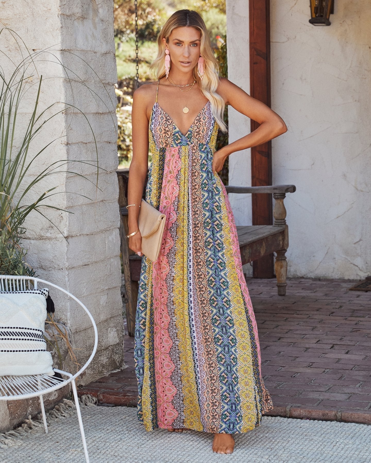 CM | Maxivestido de mujer - Mezcla de algodón - Corte holgado - Cuello de pico - Espalda descubierta - Estampado