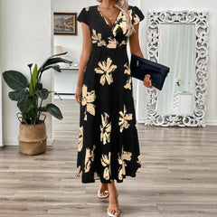 CM | Maxivestido de mujer - Estilo envolvente - Corte elegante - Mangas cortas - Estampado floral - Mezcla transpirable