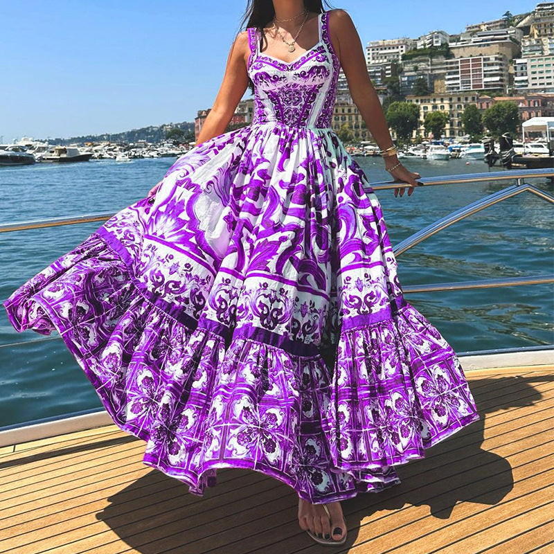 CM | maxi vestido de mujer - top entallado - falda con vuelo - mezcla transpirable - diseño estampado
