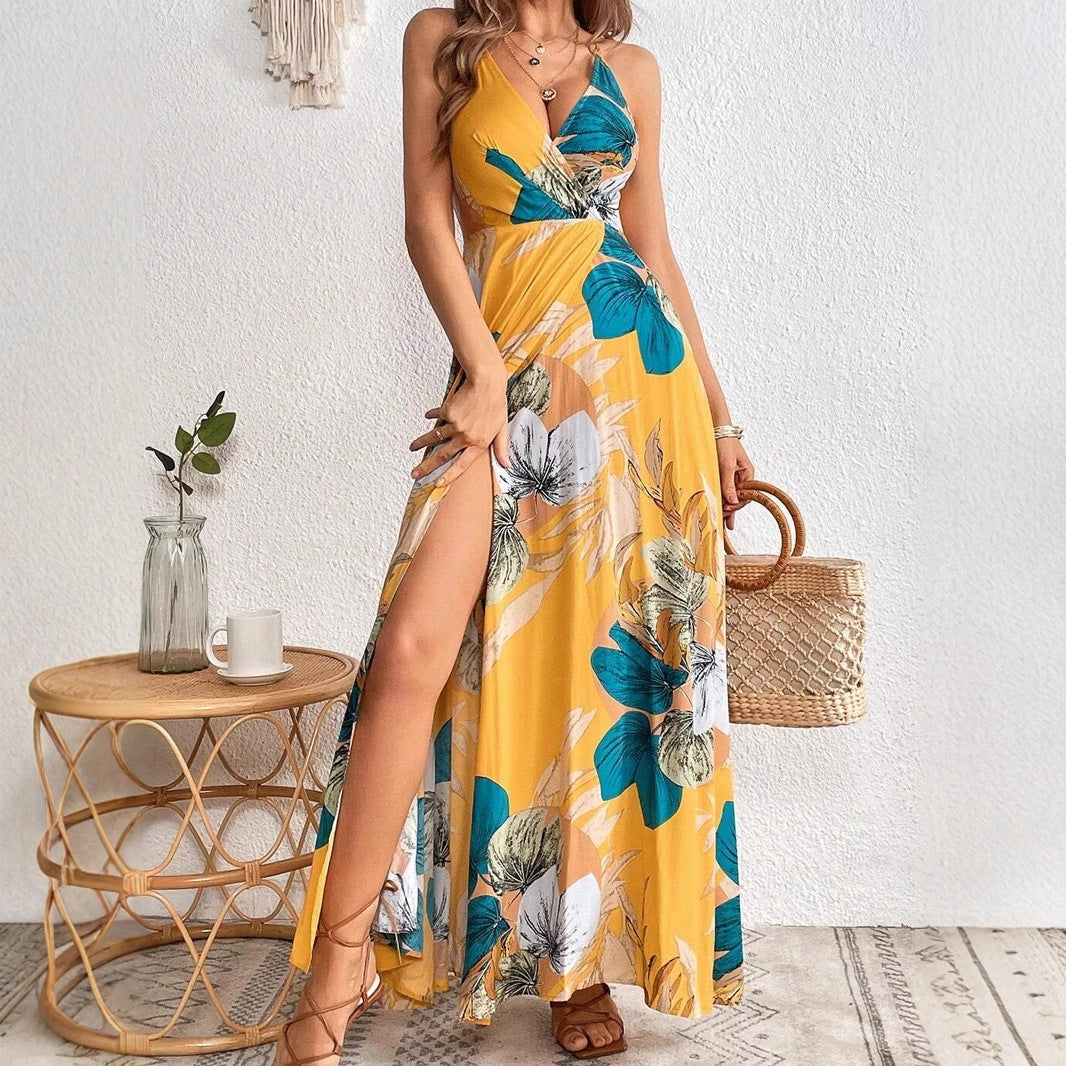 CM | Maxivestido de mujer - Estampado floral tropical - Escote en pico profundo - Abertura alta - Corte relajado