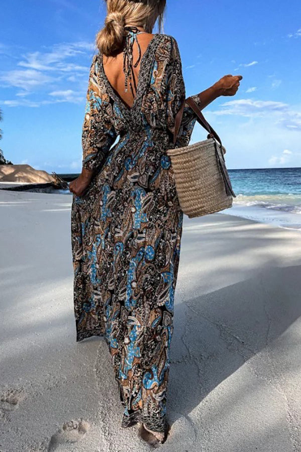 CM | maxi vestido manga murciélago con cuello en V y estampado paisley