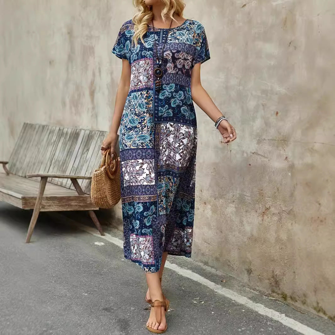 CM | Vestido largo para mujer - Corte relajado - Mangas cortas - Paisley patchwork - Mezcla transpirable