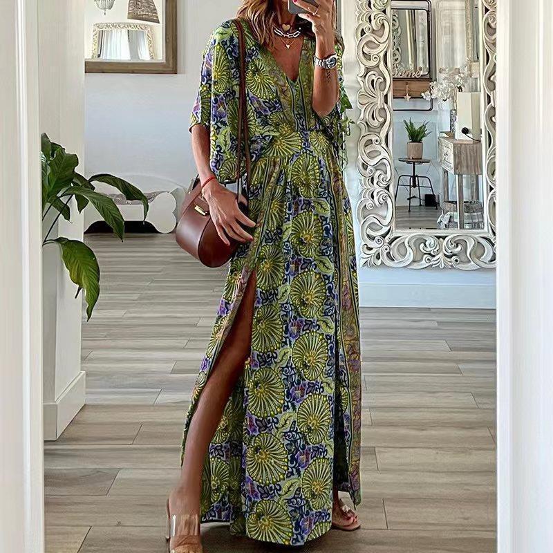 CM | Vestido largo para mujer - Estampado bohemio - Cuello en V - Mangas cortas - Corte relajado - Abertura lateral