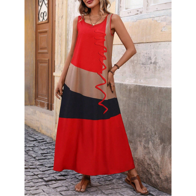 CM | Maxivestido de mujer - Cuello de pico - Cintura entallada - Abertura lateral - Mangas con volantes - Estampado geométrico