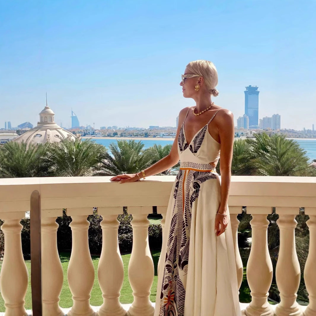 CM | Vestido maxi de mujer - cuello halterneck - espalda abierta - estampado - fluido, corte ligero