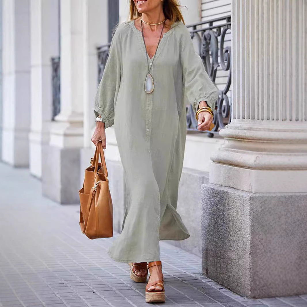 CM | Maxivestido de mujer - Corte relajado - Cuello en pico - Tapeta de botones - Manga larga - Mezcla transpirable