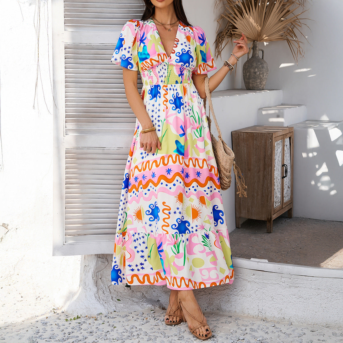 CM | Maxivestido de mujer - Algodón ligero - Cuello en pico - Corte relajado - Mangas cortas - Cintura alta