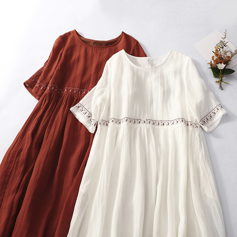 CM | Maxivestido de mujer - Corte relajado - Algodón - Manga corta - Encaje en la cintura