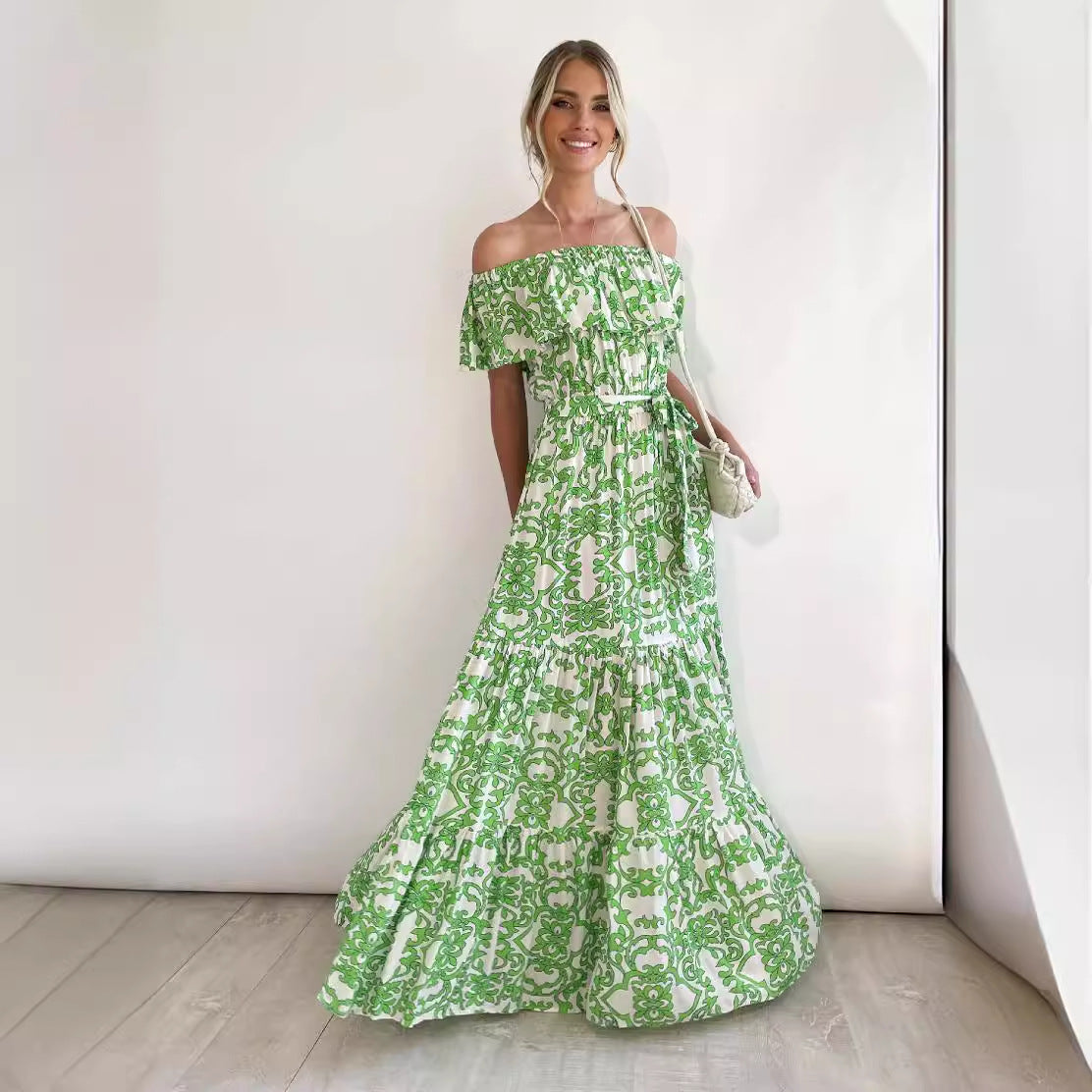 CM | maxi vestido de mujer - off-the-shoulder - escote de volantes - falda de rayas - cinturilla