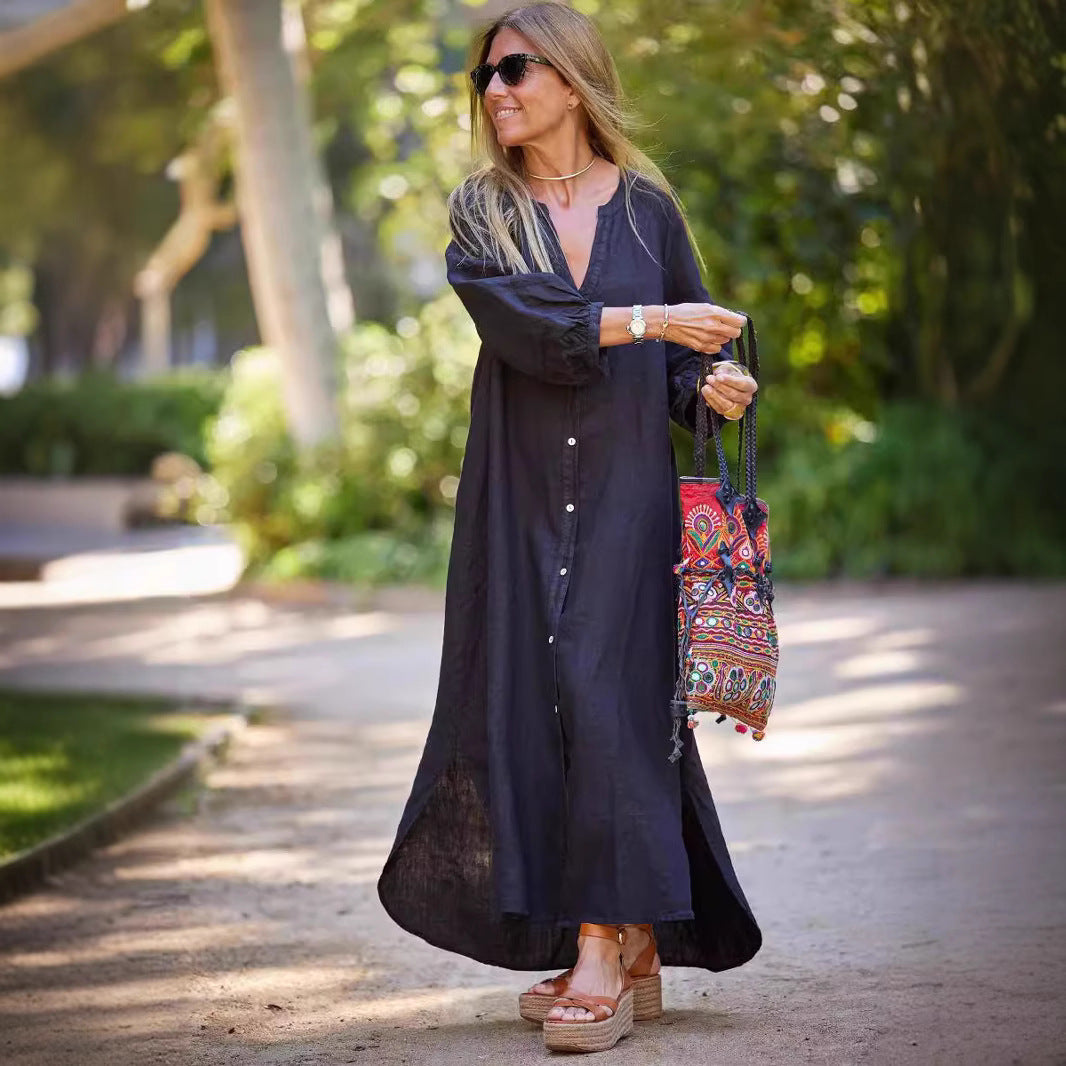 CM | Maxivestido de mujer - Corte relajado - Cuello en pico - Tapeta de botones - Manga larga - Mezcla transpirable
