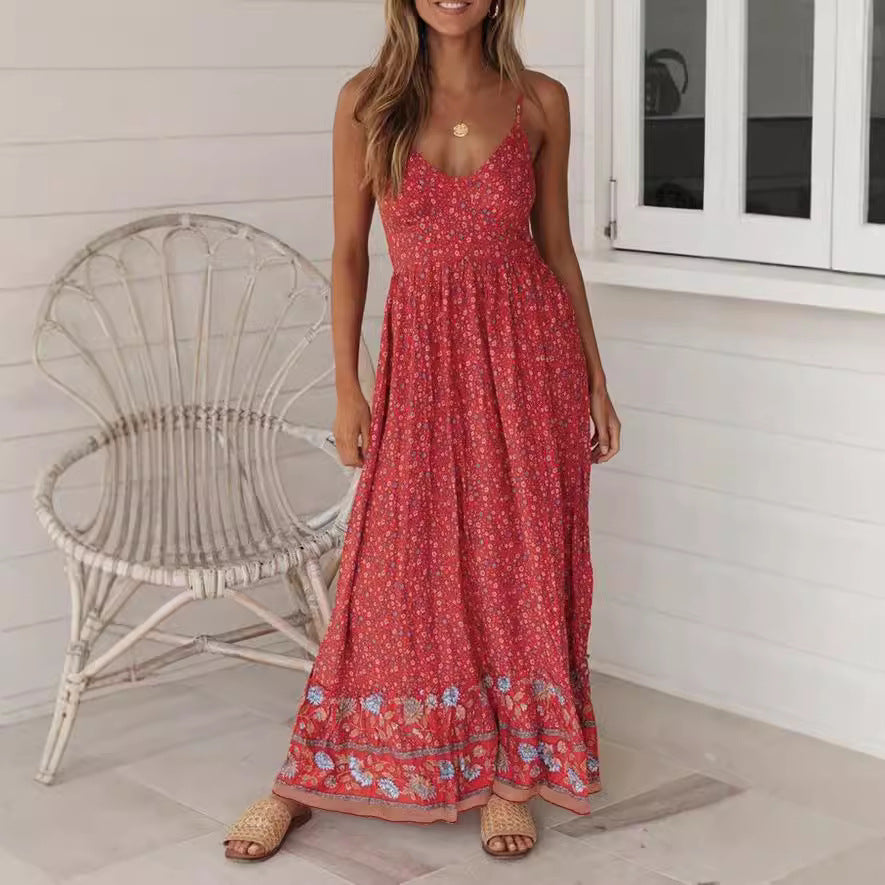 CM | maxi vestido de mujer - estampado floral - cuello en V con tirantes - corte boho fluido - material ligero