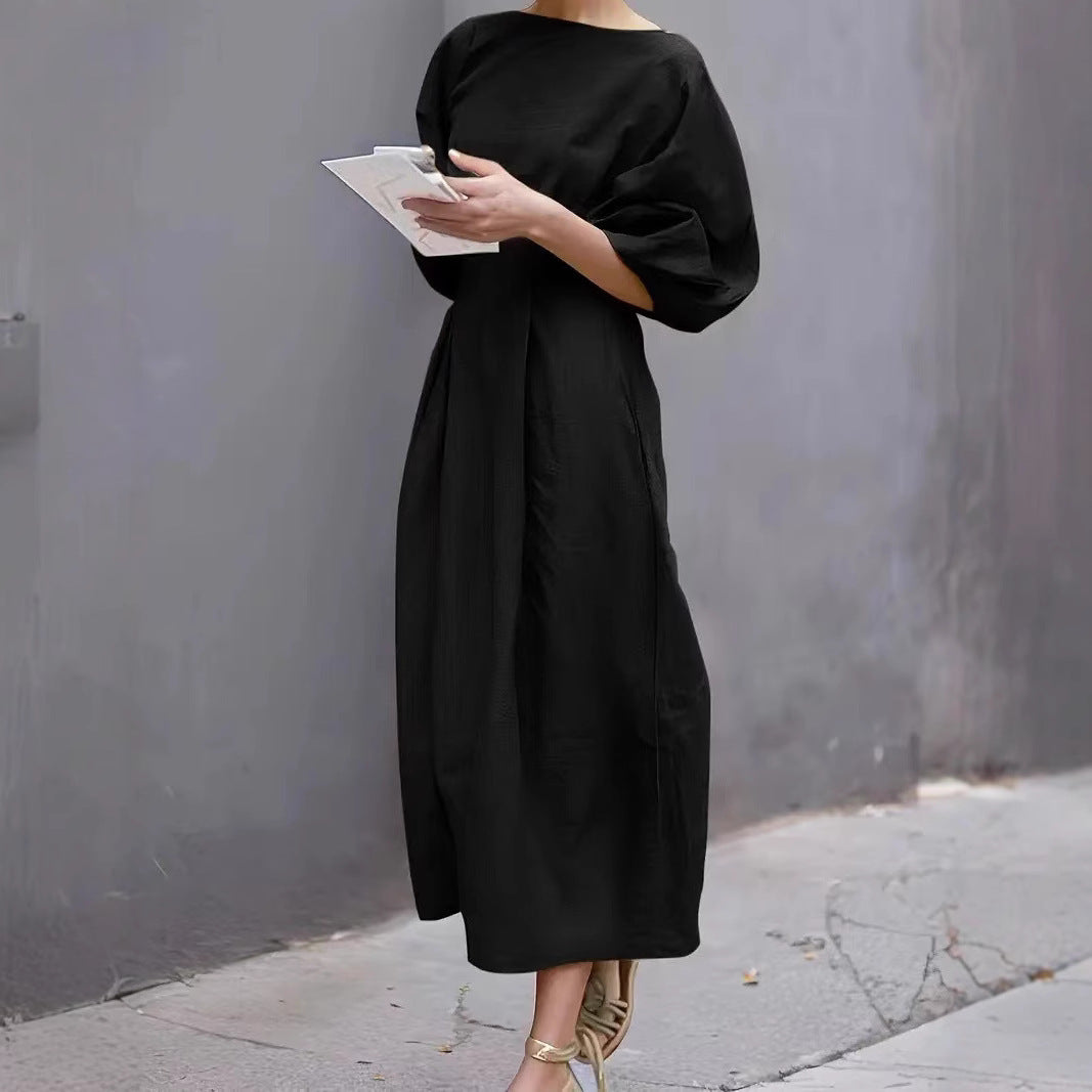 CM | Vestido largo para mujer - mangas abullonadas - corte holgado - escote redondo - ropa casual ligera