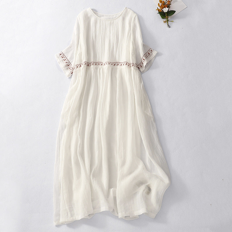 CM | Maxivestido de mujer - Corte relajado - Algodón - Manga corta - Encaje en la cintura