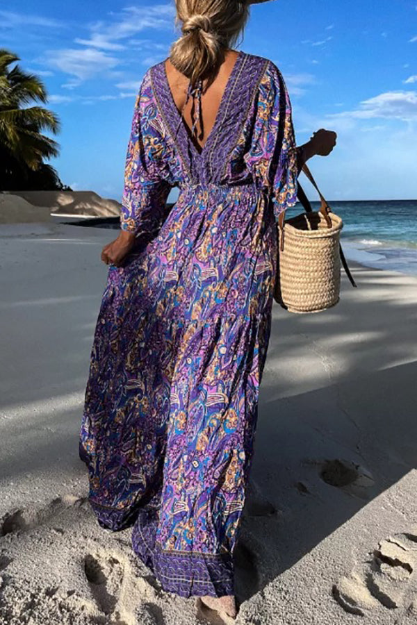 CM | maxi vestido manga murciélago con cuello en V y estampado paisley