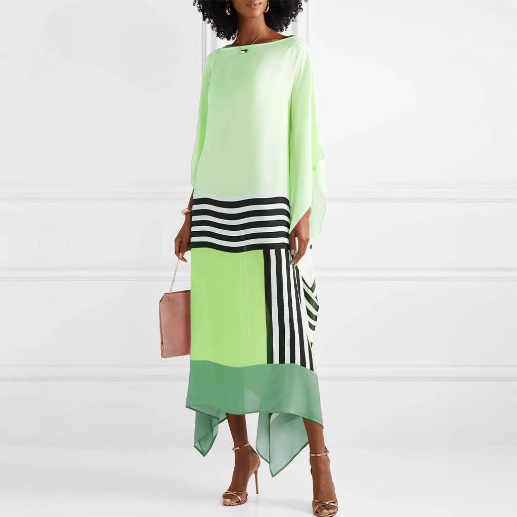 CM | Vestido maxi de mujer - un hombro - corte holgado - dobladillo asimétrico - inserciones de rayas