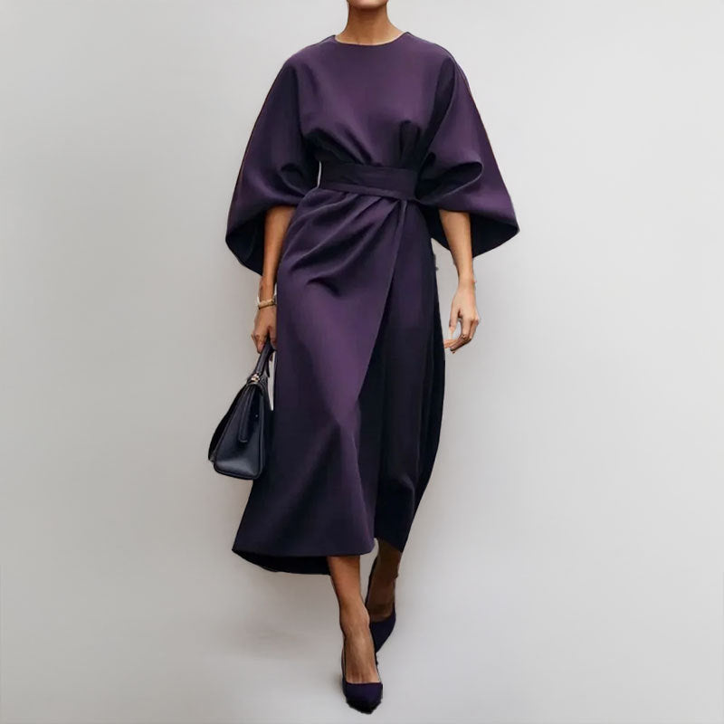 CM | Vestido largo para mujer - aspecto satinado - mangas murciélago - corte entallado - silueta drapeada