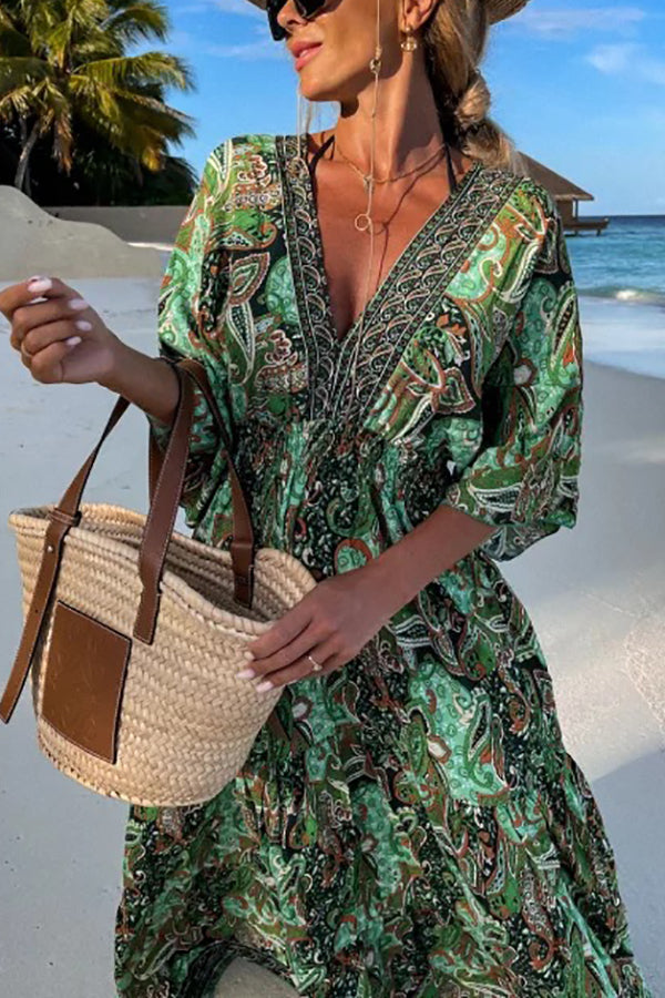 CM | maxi vestido manga murciélago con cuello en V y estampado paisley