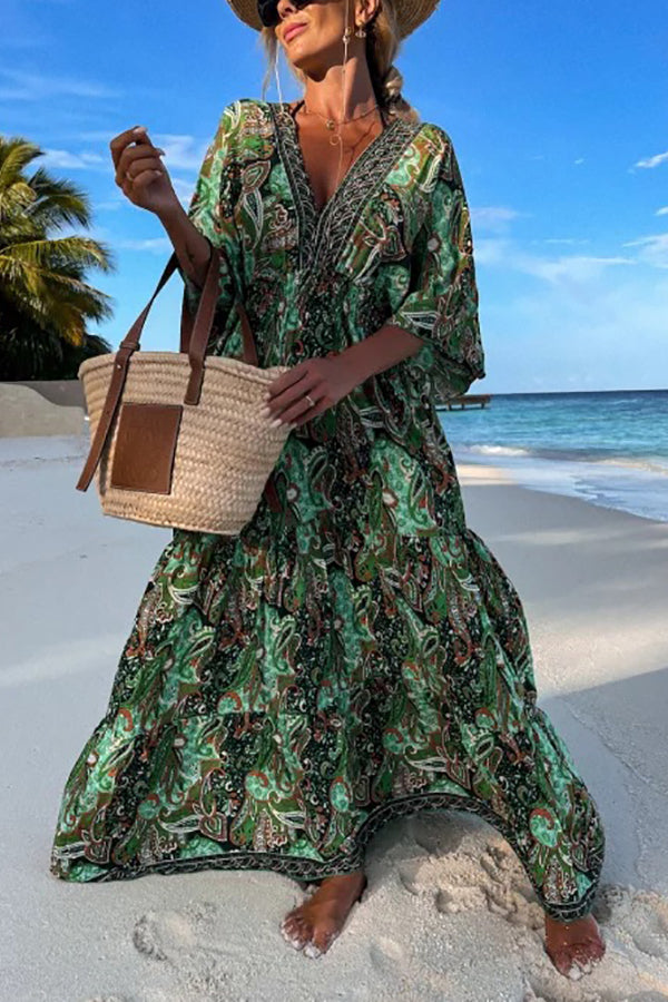 CM | maxi vestido manga murciélago con cuello en V y estampado paisley
