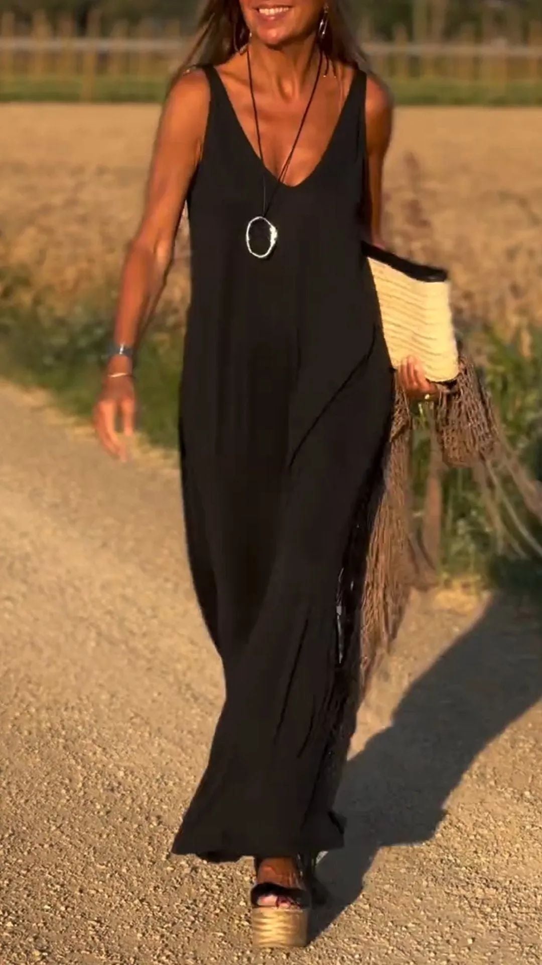 CM | maxi vestido de mujer - cuello en V - corte relajado - mezcla de algodón - diseño sin tirantes