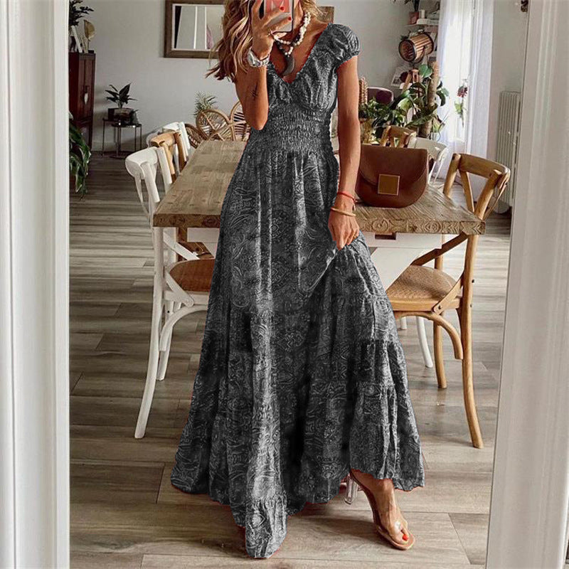 CM | Maxivestido de mujer - Cuello en pico - Top fruncido - Falda con vuelo - Mezcla de algodón - Corte relajado