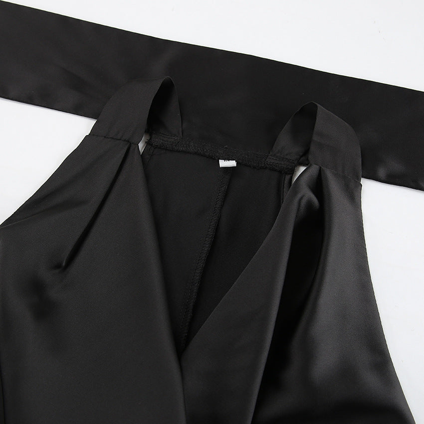 CM | Vestido midi de mujer con cuello haltern - Raso - Corte entallado - Escote drapeado - Traje formal