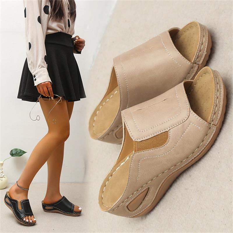 CM | Casual Verano Confort Diario Slip On Sandalias de cuero de color sólido