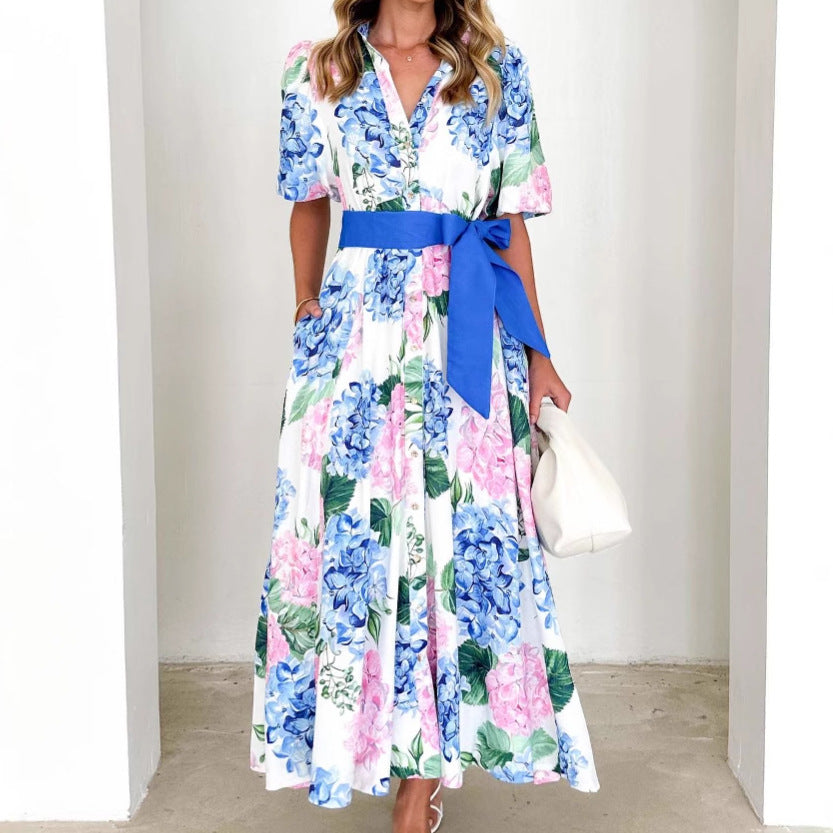 CM | maxi vestido de mujer - línea A - mangas cortas - estampado floral - cintura atada estilo boho