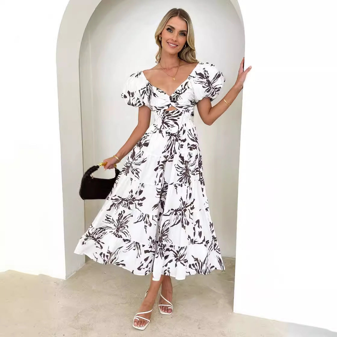 CM | Maxivestido de mujer - Ajustado y acampanado - Mangas abullonadas - Top recortado - Falda con vuelo - Estampado
