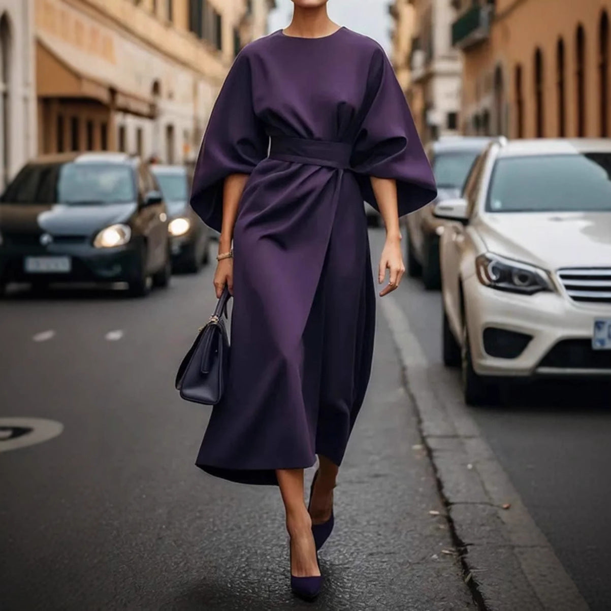 CM | Vestido largo para mujer - Tacto satinado - Mangas murciélago - Corte drapeado - Cinturón en la cintura