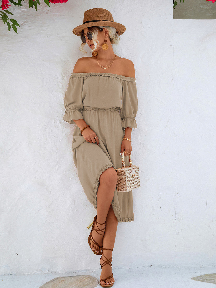 CM | Vestido midi con hombros al aire y mangas con volantes