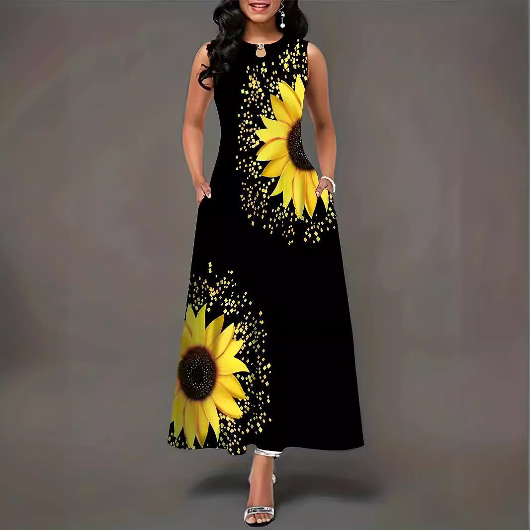 CM | Maxi Vestido de Mujer - Corte Relajado - Sin Mangas - Estampado Girasol - Algodón