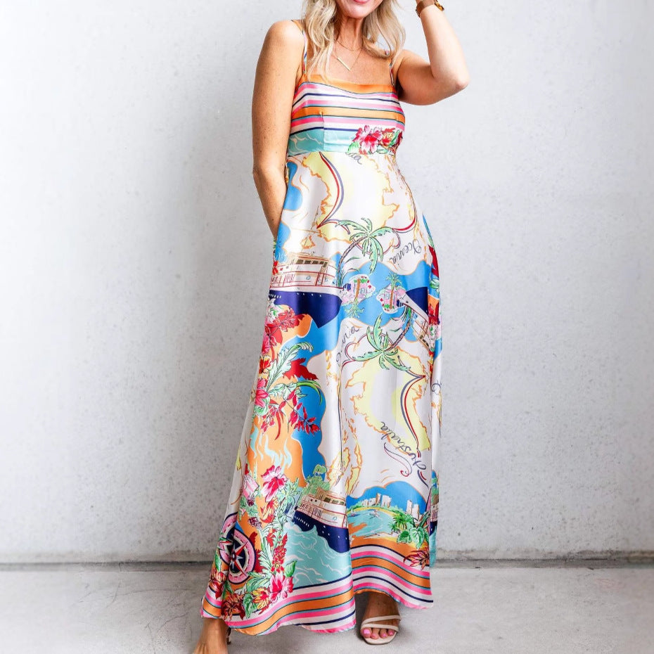 CM | Maxi Vestido de Mujer - Ajustado y Flare - Tirantes Espagueti - Atrevido Estampado Estilo Resort