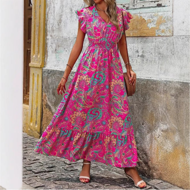 CM | maxi vestido de mujer - sin mangas - cuello en V - estampado floral - dobladillo en capas - corte holgado