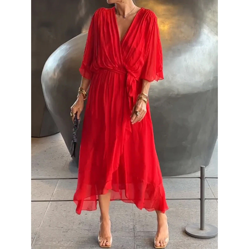 CM | Maxivestido de mujer - Corte holgado - Mangas murciélago - Cinturón de anudar - Bajo asimétrico