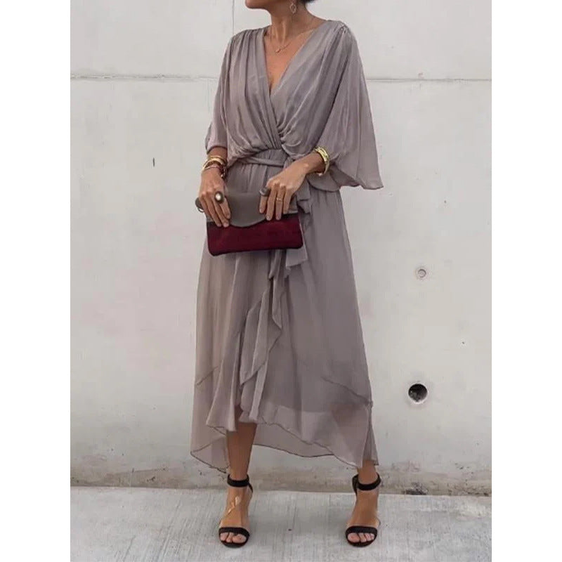 CM | Maxivestido de mujer - Corte holgado - Mangas murciélago - Cinturón de anudar - Bajo asimétrico
