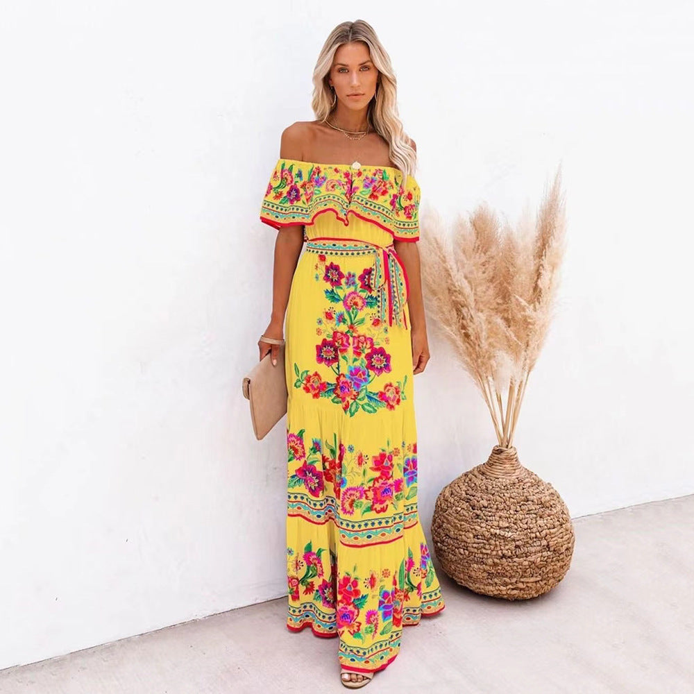 CM | Vestido largo estampado con cordones en la cintura