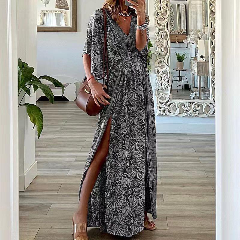 CM | Vestido largo para mujer - Estampado bohemio - Cuello en V - Mangas cortas - Corte relajado - Abertura lateral