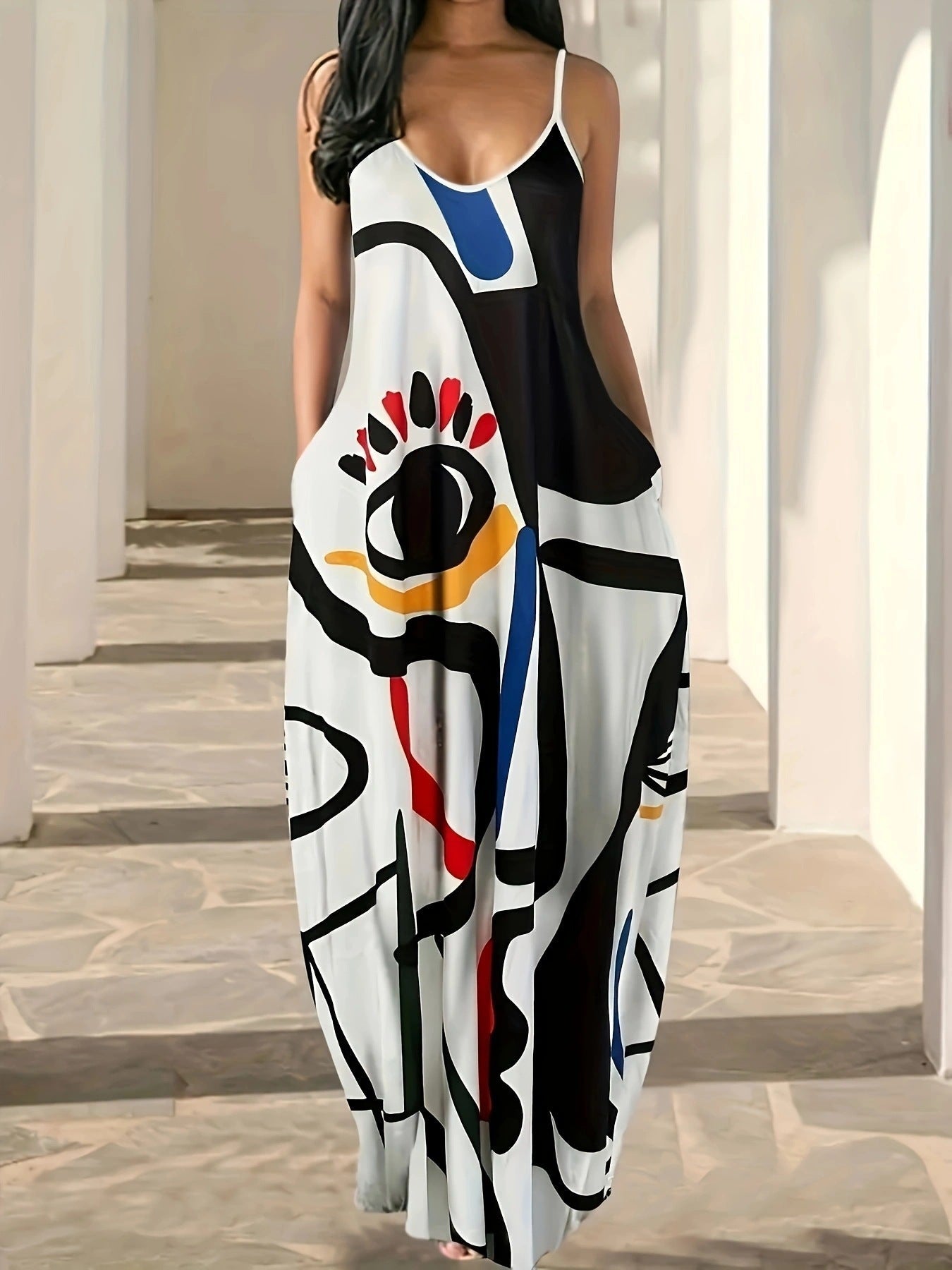 CM | Maxivestido de mujer - Estampado abstracto - Tirantes finos - Corte holgado - Mezcla de algodón