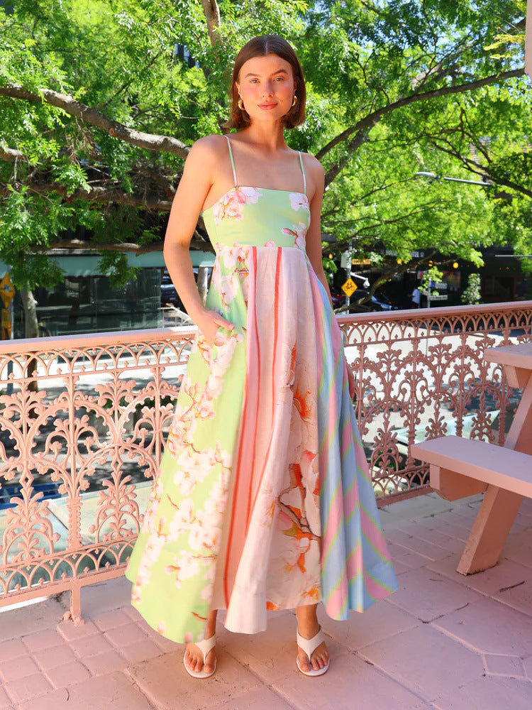 CM | Maxivestido de mujer - Algodón ligero - Corte vaporoso - Tirantes finos - Estampado artístico