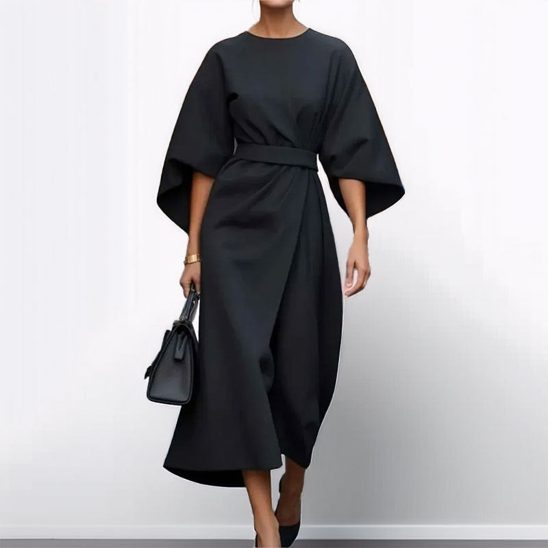 CM | Vestido largo para mujer - aspecto satinado - mangas murciélago - corte entallado - silueta drapeada