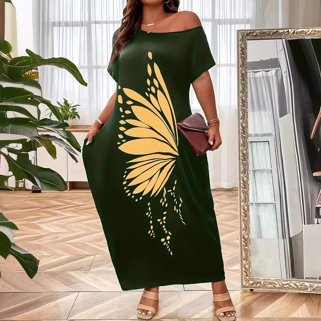 CM | Maxivestido de mujer - Sin hombros - Corte relajado - Tacto de jersey - Estampado de mariposas
