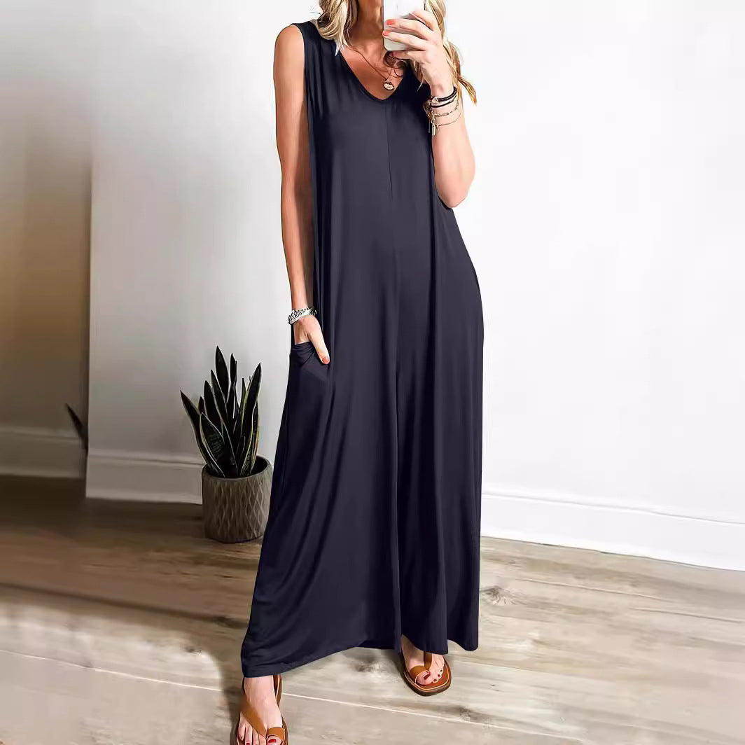 CM | Maxivestido de mujer - Punto suave - Corte relajado - Cuello en V sin mangas con bolsillos