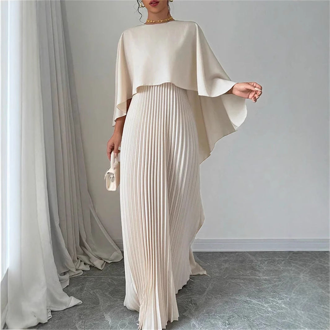 CM | Maxivestido de mujer - Escote alto - Mangas murciélago - Falda plisada - Corte vaporoso