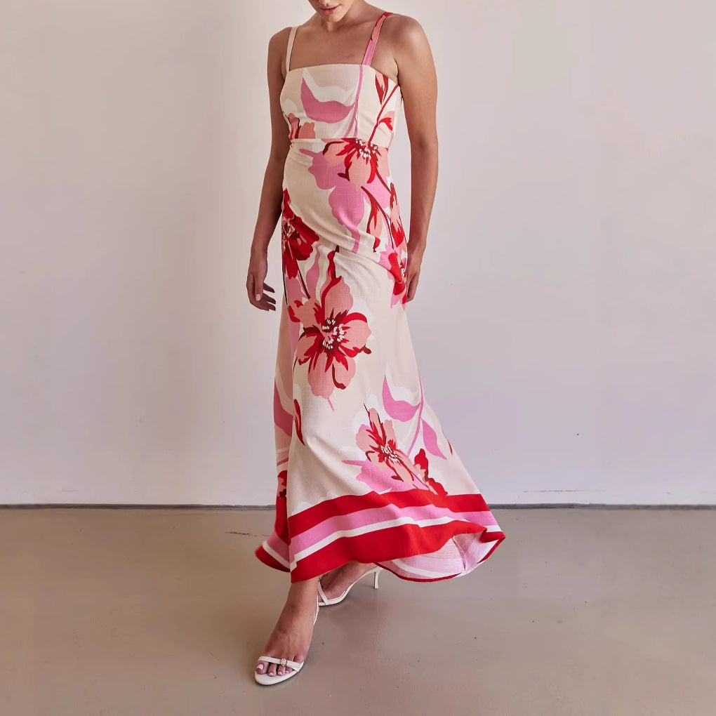 CM | Vestido largo de mujer - Estampado floral - Parte superior entallada - Tirantes finos - Bajo acampanado
