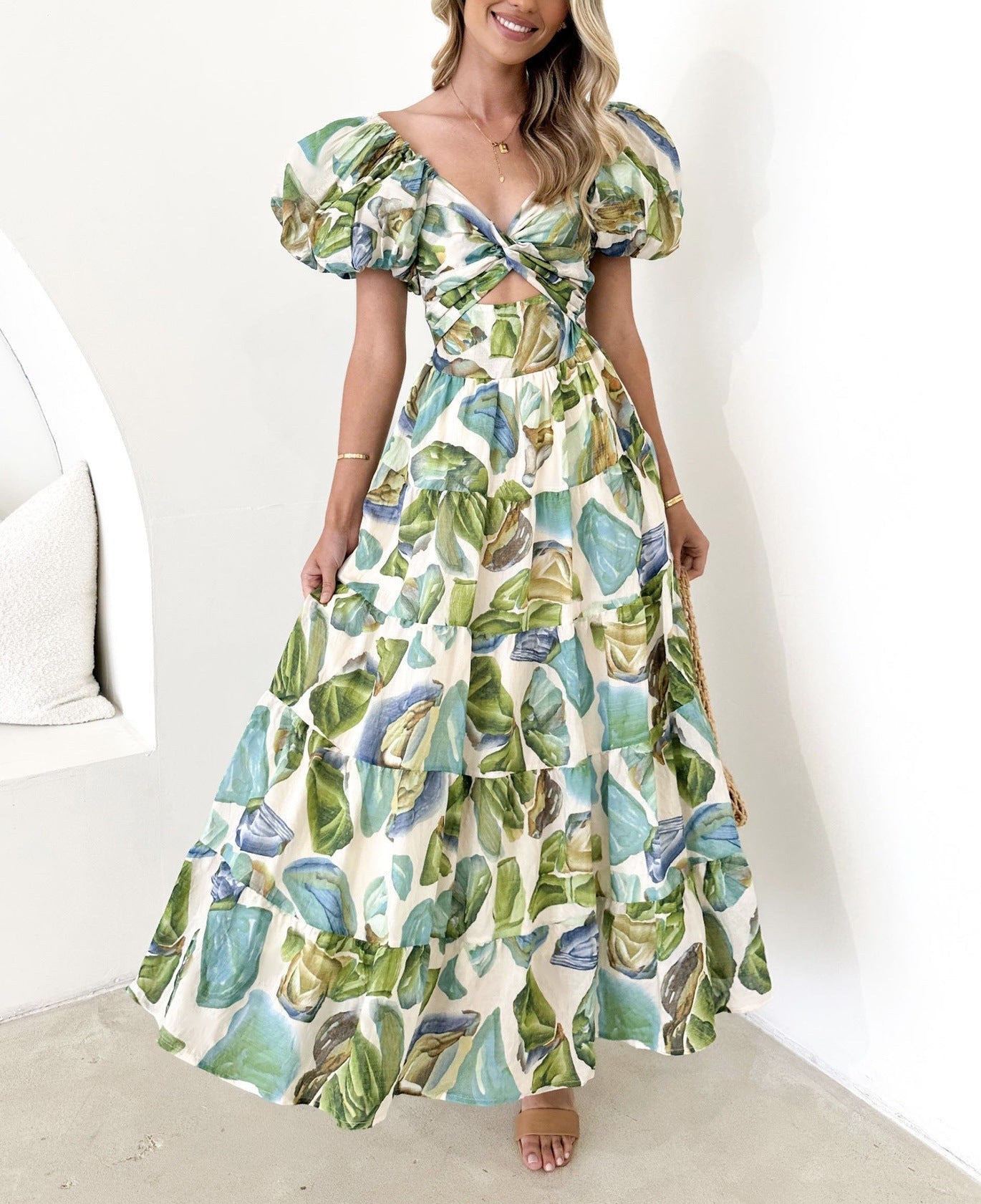 CM | Maxivestido de mujer - Algodón ligero - Mangas abullonadas - Pecho fruncido - Corte vaporoso