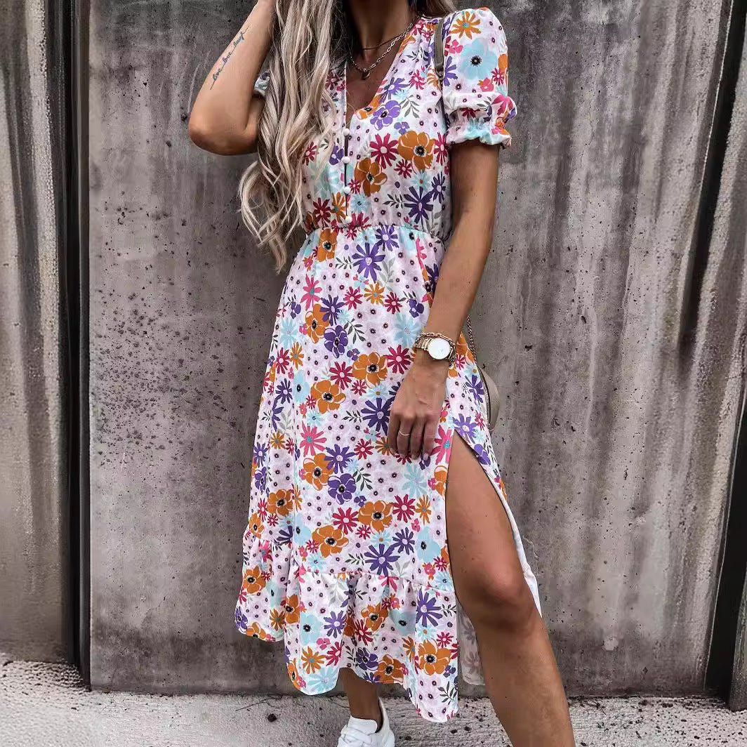 CM | Maxi vestido de mujer - Cintura alta - Cuello en V - Mangas cortas - Estampado floral - Abertura lateral