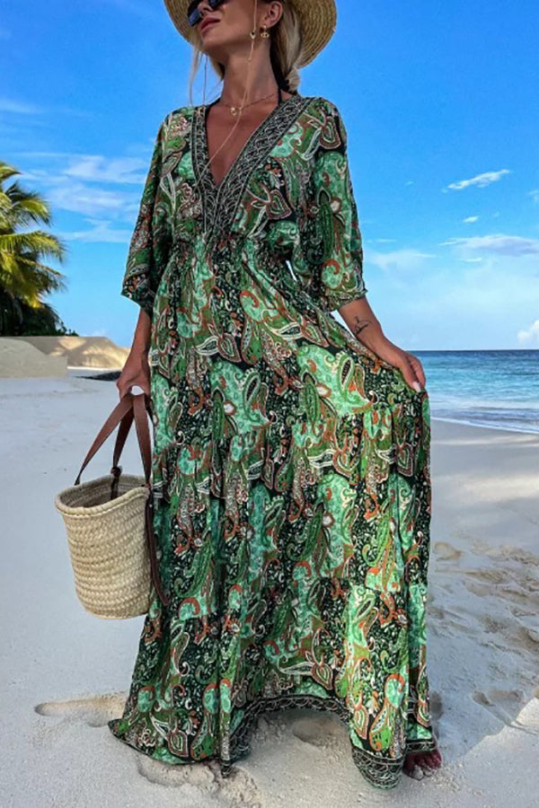 CM | maxi vestido manga murciélago con cuello en V y estampado paisley