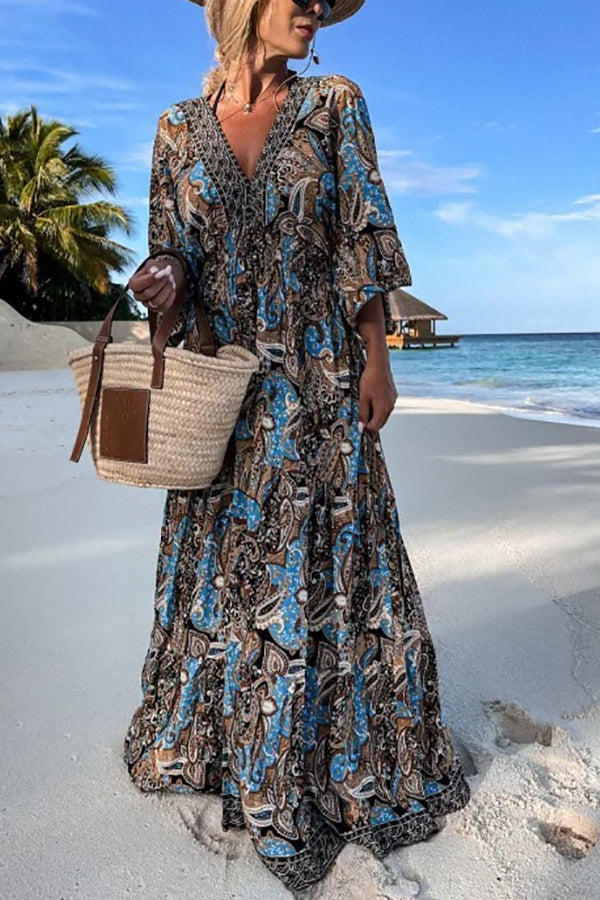 CM | maxi vestido manga murciélago con cuello en V y estampado paisley